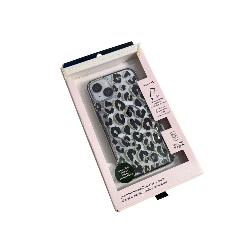 New‎ Kate Spade iPhone 13 Case MagSafe Protective Hardshell Leopard Print Gold